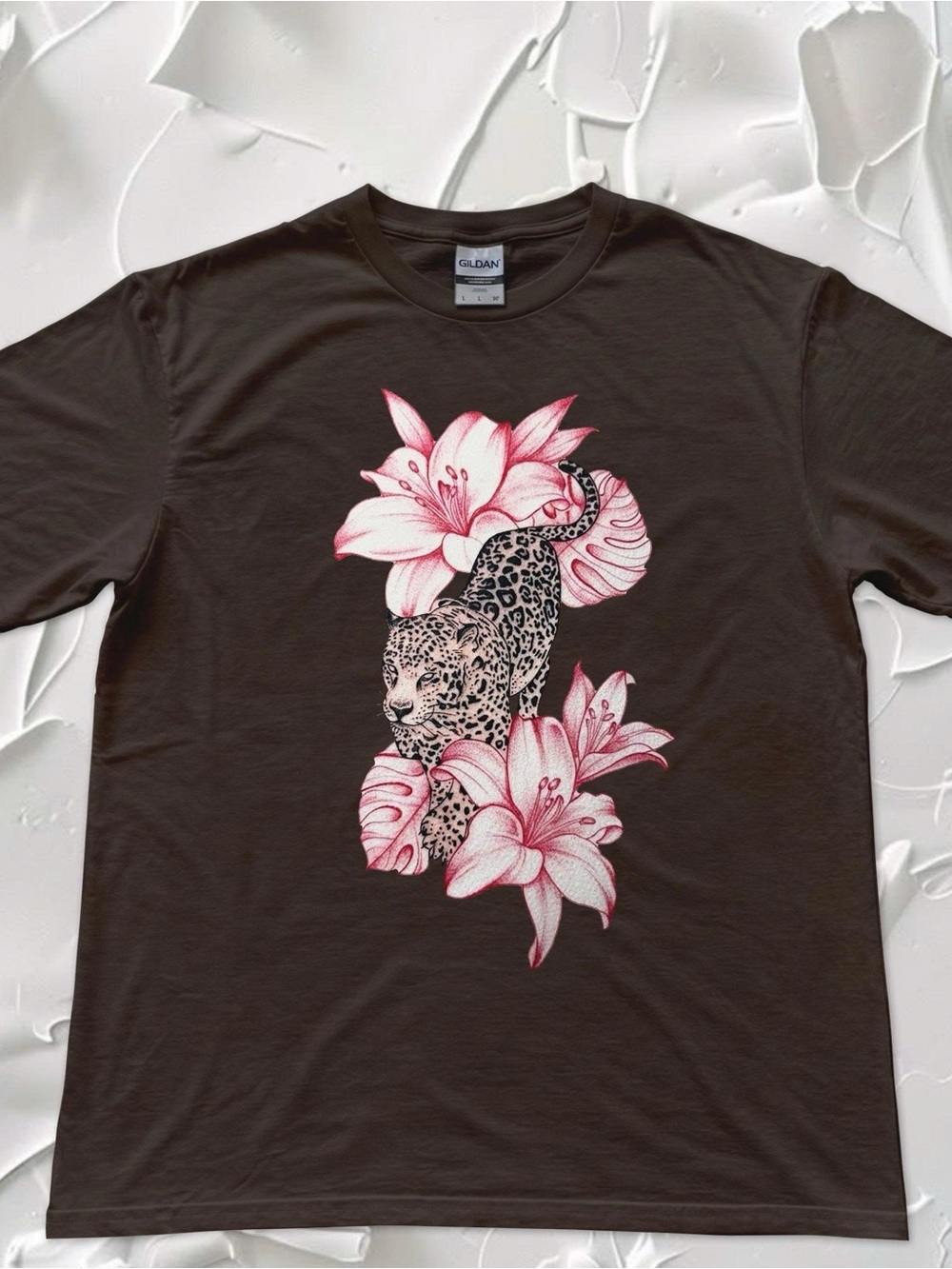 Pink Floral & Leopard Graphic Gildan Tshirt Dark Chocolate